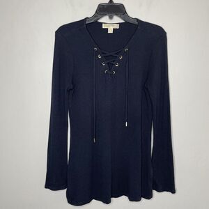 MICHAEL KORS Top Womens Small Navy Blue Waffle Knit Pullover Corset Tie Neck